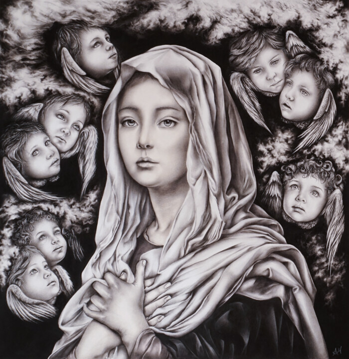 Drawing titled "Madonna degli Angeli" by Ambra Montemezzo, Original Artwork, Graphite Mounted on Cardboard