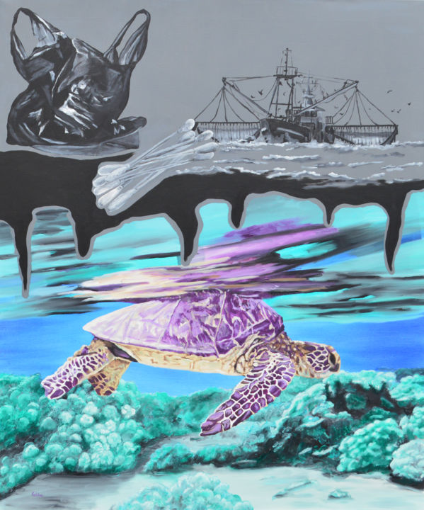 Painting titled "Marine turtle again…" by Ambre Kalène, Original Artwork, Oil Mounted on Wood Stretcher frame