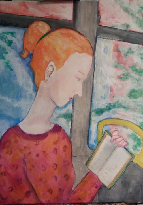 Painting titled "GIRL ON A BUS" by Amanda Collier-Rose, Original Artwork, Acrylic