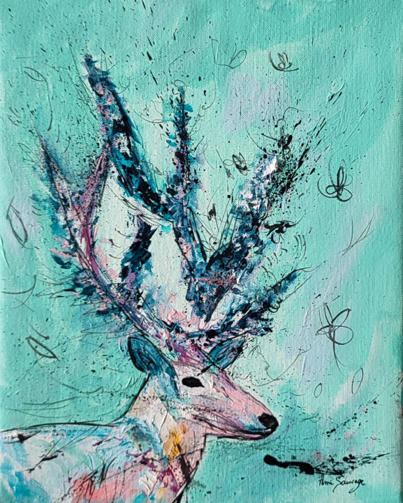 Painting titled "Blue cerf - tableau…" by Âme Sauvage, Original Artwork, Acrylic Mounted on Wood Stretcher frame