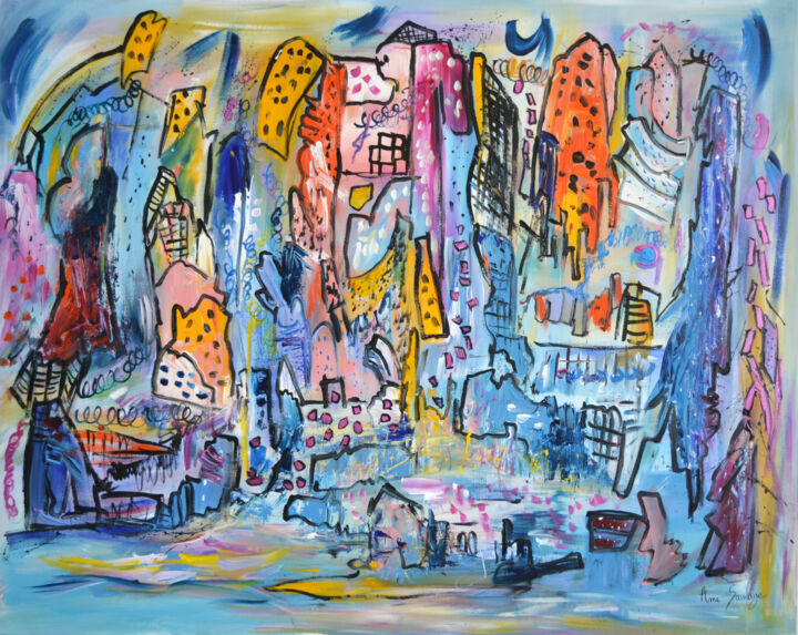 Malerei mit dem Titel "La ville en fête" von Âme Sauvage, Original-Kunstwerk, Acryl