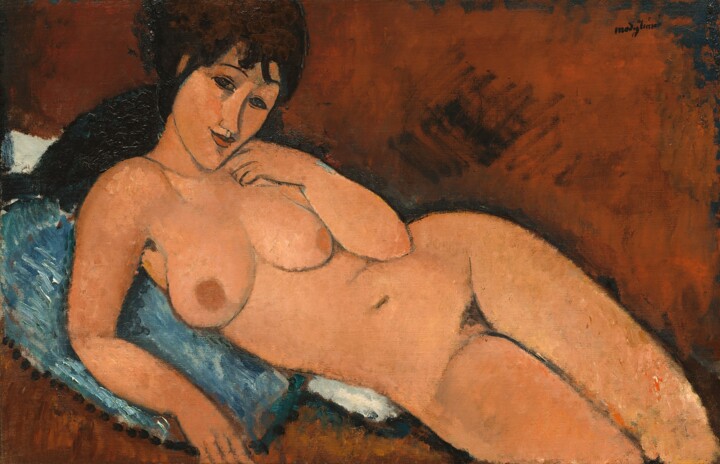 Peinture intitulée "Nude on a Blue Cush…" par Amedeo Modigliani, Œuvre d'art originale, Huile
