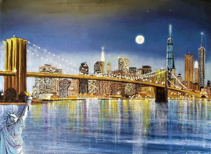 Painting titled "New York at Night" by Amelia Boshoff, Original Artwork, Oil
