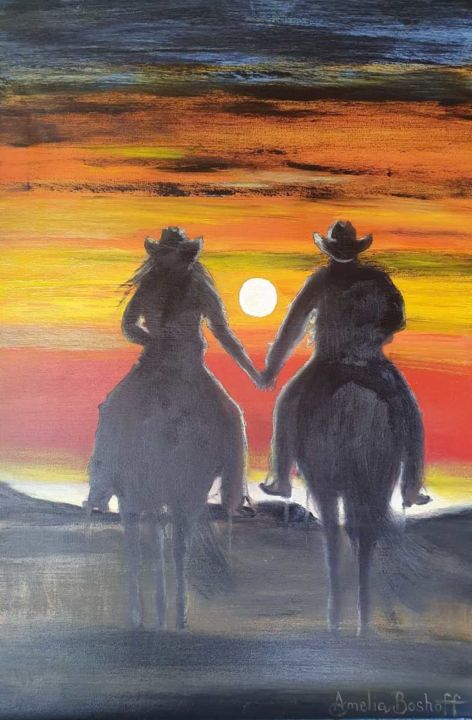 Картина под названием "Riding into the Sun…" - Amelia Boshoff, Подлинное произведение искусства, Масло