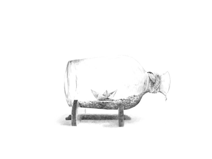 Dibujo titulada "Bateau dans une bou…" por Amélie Helmstetter, Obra de arte original, Tinta