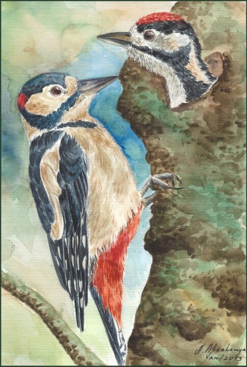 Malerei mit dem Titel "Spechte / Woodpecke…" von Amelly Abraham, Original-Kunstwerk