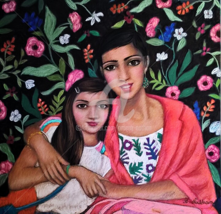 Dessin intitulée "Deux soeurs: Iris e…" par Amena Nathan, Œuvre d'art originale, Pastel