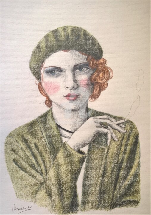 Drawing titled "femme à la cigarette" by Amena Nathan, Original Artwork, Pencil