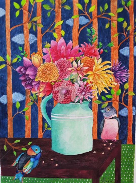 Painting titled "Fleurs 2" by Amena Nathan, Original Artwork, Pencil