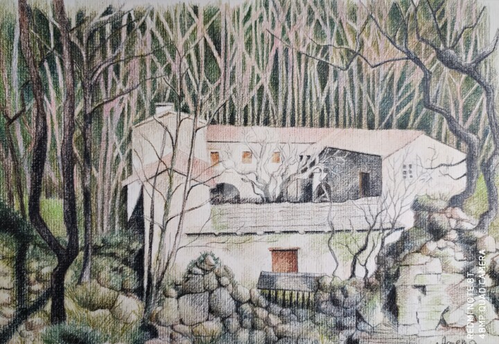 Dessin intitulée "Abbaye du Crouzet" par Amena Nathan, Œuvre d'art originale, Crayon
