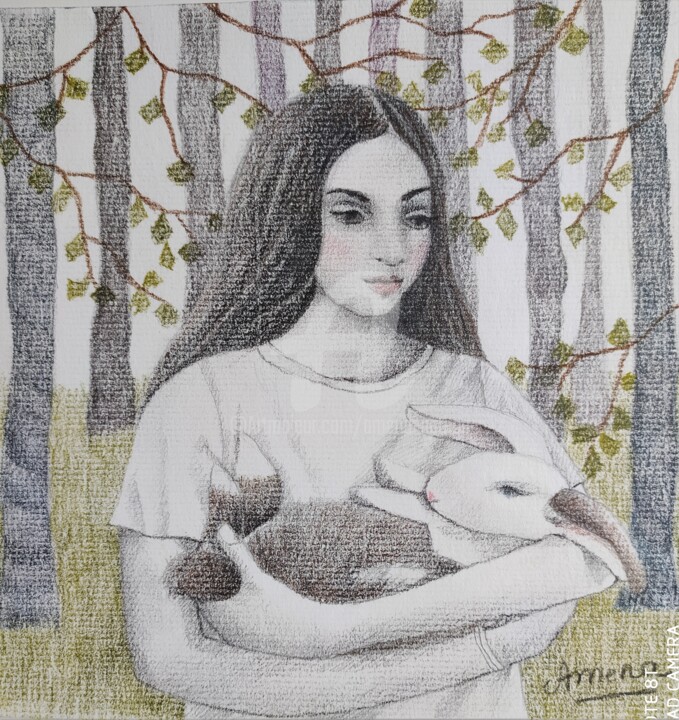 Dessin intitulée "Iris et Aiko" par Amena Nathan, Œuvre d'art originale, Crayon