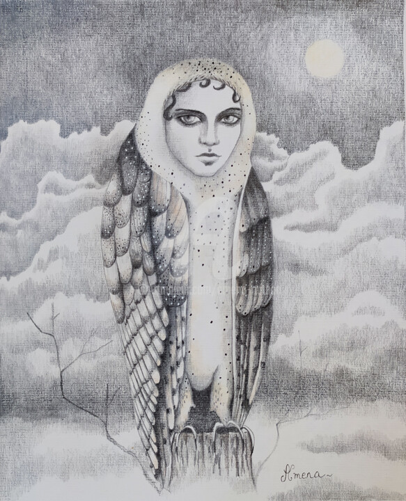 Рисунок под названием "chouette à tête de…" - Amena Nathan, Подлинное произведение искусства, Карандаш
