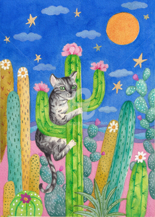 Peinture intitulée "Chat et cactus" par Amena Nathan, Œuvre d'art originale, Aquarelle