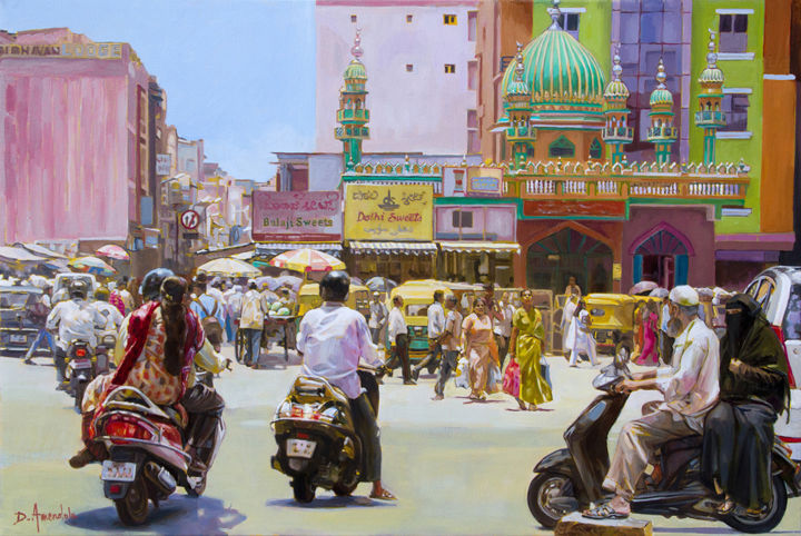 Painting titled "City Market In Bang…" by Dominique Amendola (Amendolaart), Original Artwork, Oil Mounted on Wood Stretcher…