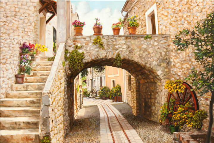 Painting titled "Aspremont Village I…" by Dominique Amendola (Amendolaart), Original Artwork, Oil