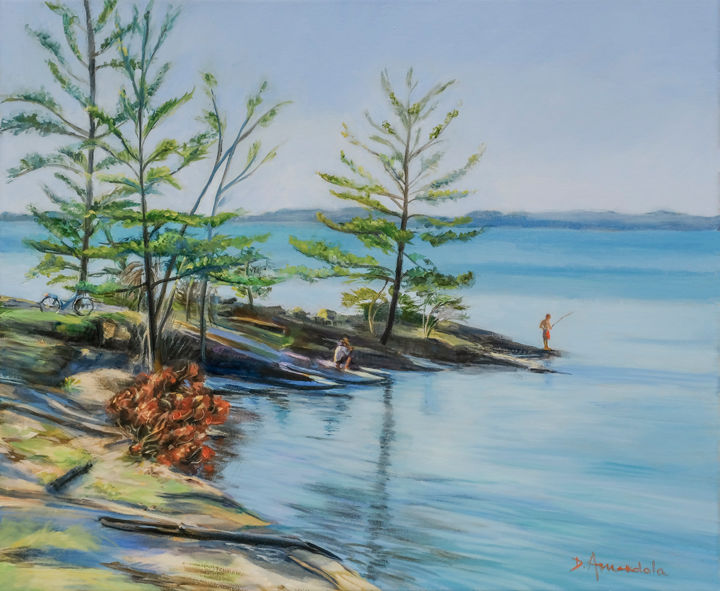 Painting titled "Lake Champlain" by Dominique Amendola (Amendolaart), Original Artwork, Oil Mounted on Wood Stretcher frame
