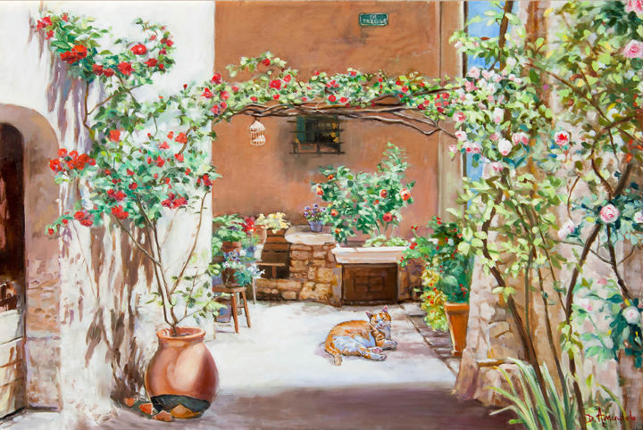 Peinture intitulée "Climbing Roses In "…" par Dominique Amendola (Amendolaart), Œuvre d'art originale, Huile Monté sur Châss…