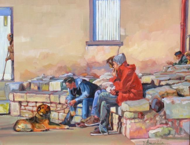 Painting titled "3 guys with a dog (…" by Dominique Amendola (Amendolaart), Original Artwork, Oil Mounted on Wood Stretcher…