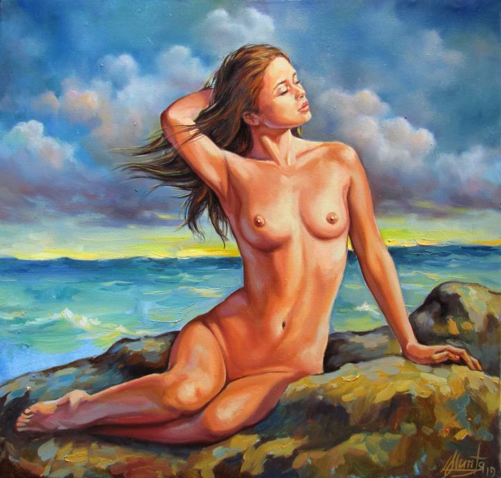 Painting titled "Sea Breeze" by Kostiantyn Shyptia, Original Artwork, Oil Mounted on Wood Stretcher frame