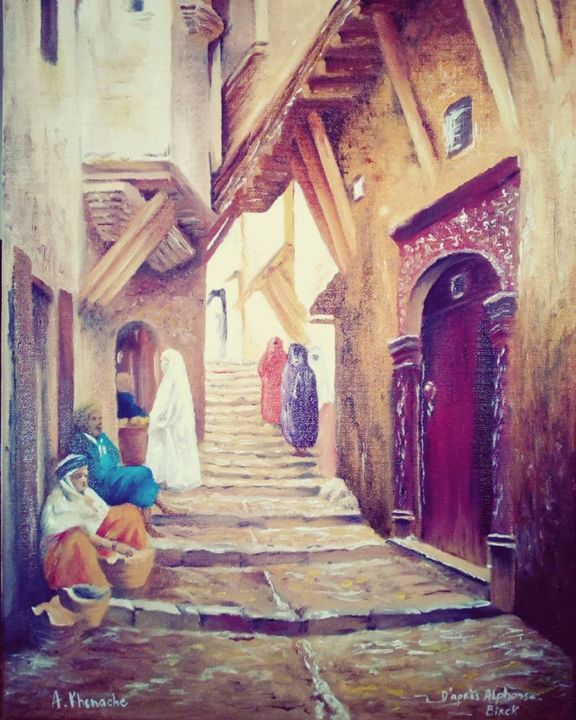 Pintura intitulada "Ruelle dans la Casb…" por A.Khenache, Obras de arte originais, Óleo