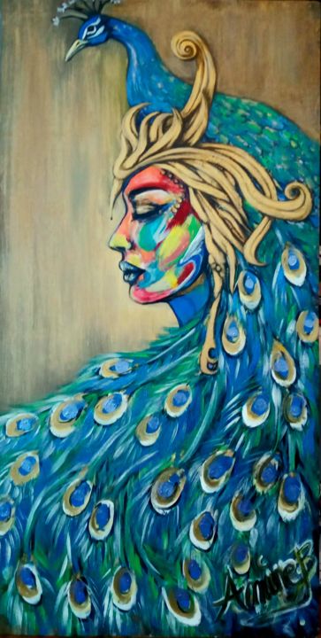 Peinture intitulée "Femme paon" par Amine Bouabdallah, Œuvre d'art originale, Acrylique