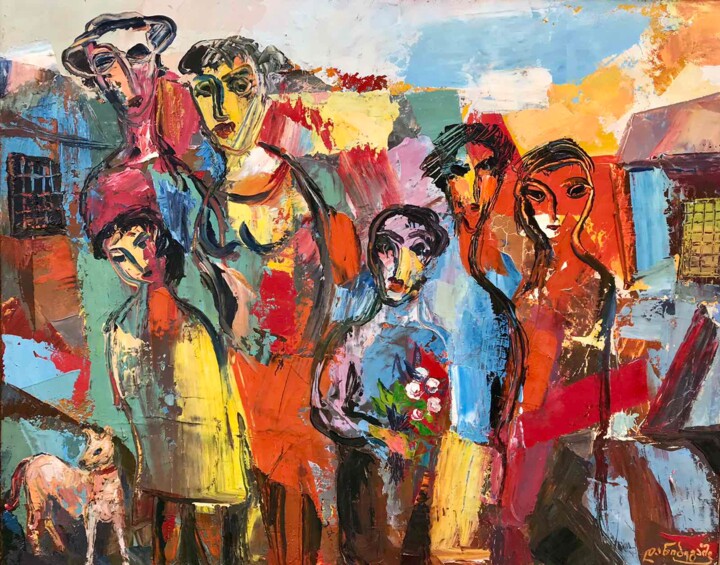 Painting titled "Village Life" by Amiran Danibegashvili, Original Artwork, Oil Mounted on Wood Stretcher frame