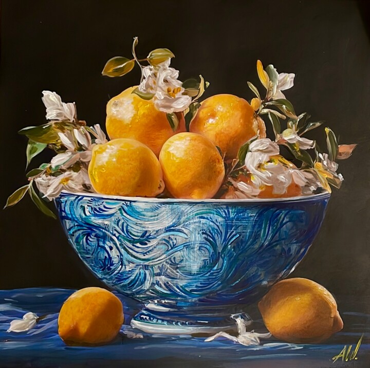 Malerei mit dem Titel "Lemons still life (…" von Amirata Winter, Original-Kunstwerk, Acryl Auf Karton montiert