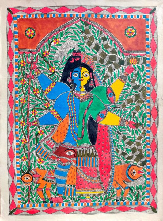 「Madhubani (Shiv Par…」というタイトルの絵画 Amit Kumarによって, オリジナルのアートワーク, アクリル