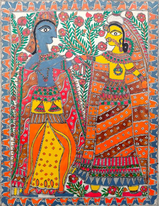 Картина под названием "Madhubani (Radha Kr…" - Amit Kumar, Подлинное произведение искусства, Акрил