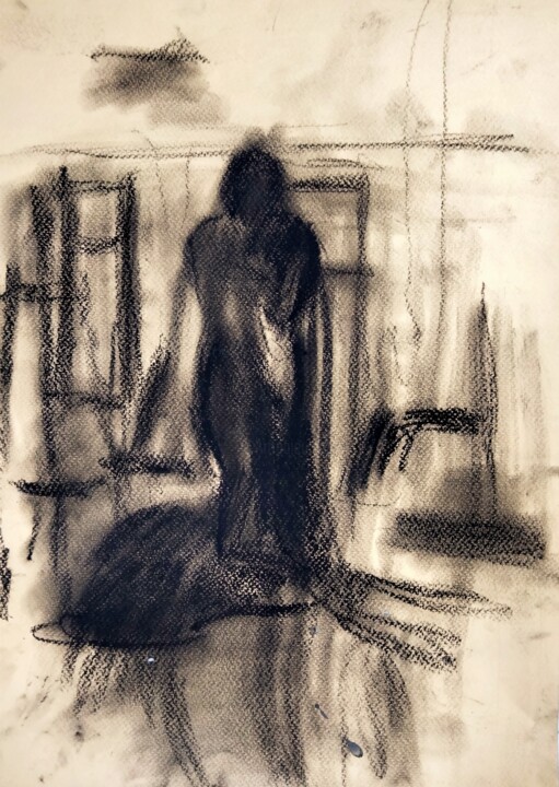 Painting titled ""Alone"" by Amit Ari, Original Artwork, Charcoal