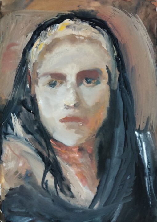 Картина под названием ""Woman with a black…" - Amit Ari, Подлинное произведение искусства, Масло