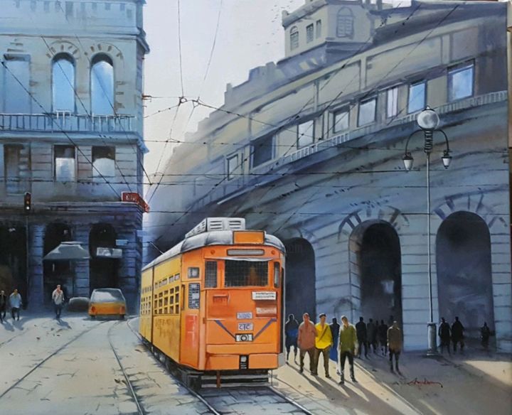 Painting titled "Kolkata tram" by Amlan Dutta, Original Artwork, Acrylic