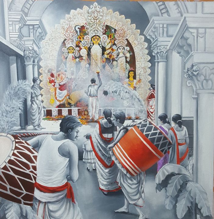 Painting titled "Durga Puja" by Amlan Dutta, Original Artwork, Acrylic