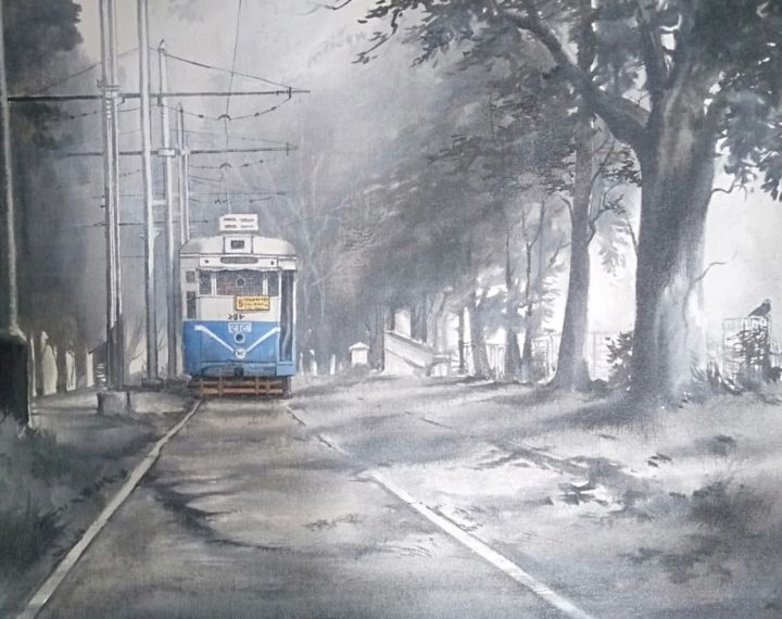 Картина под названием "Kolkata blue tram" - Amlan Dutta, Подлинное произведение искусства, Акрил