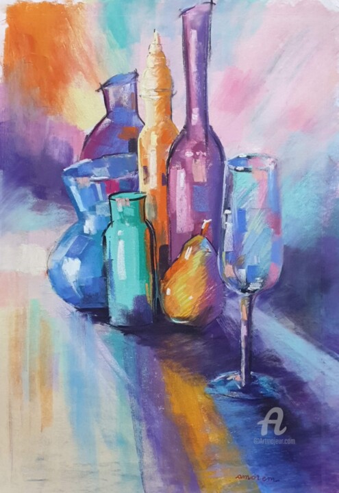 Painting titled "LES CARAFES" by Amorem, Original Artwork, Pastel Mounted on Cardboard