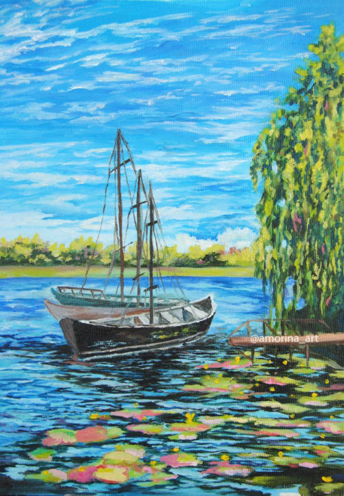 Painting titled "The Boat and Musici…" by Amorina Art, Original Artwork, Oil