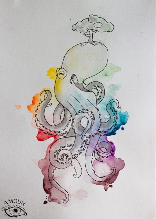 Peinture intitulée "Octopousses" par Amoun, Œuvre d'art originale, Aquarelle
