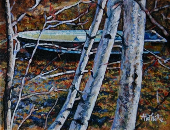 Painting titled "Birch Boat" by Amy White, Original Artwork, Oil