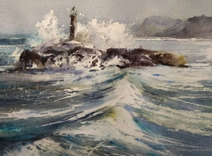 Painting titled "Faro de Mouro" by Ana Maria Rodriguez Romero, Original Artwork, Watercolor