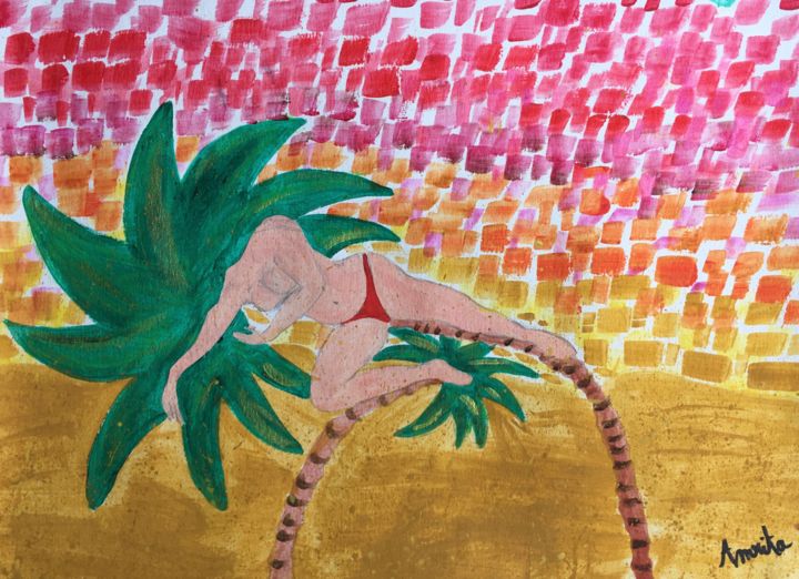 Peinture intitulée "Femme palmier" par Amrita Depraz, Œuvre d'art originale, Acrylique