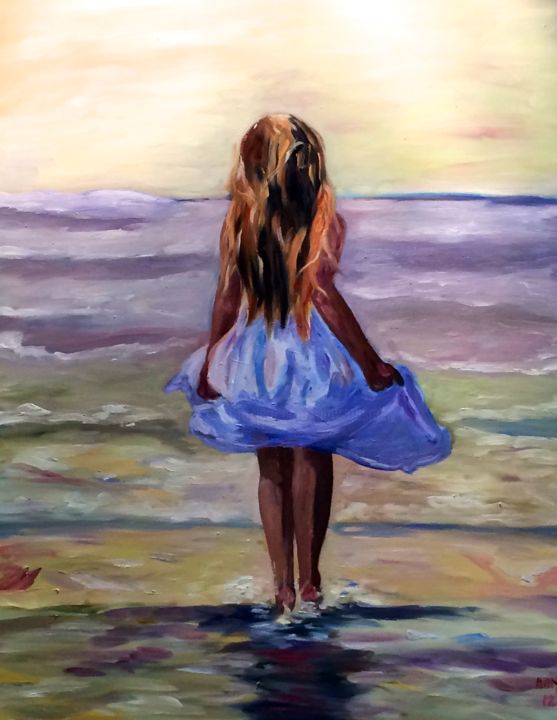 Peinture intitulée "Girl on the beach" par Amy Zausmer, Œuvre d'art originale, Huile