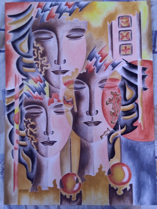 Schilderij getiteld "Face 6" door An, Origineel Kunstwerk, Aquarel