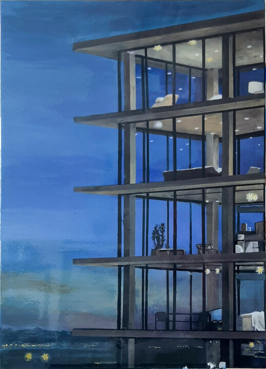 Schilderij getiteld "The glass building" door Ana Del Castillo Ibarrola, Origineel Kunstwerk, Acryl