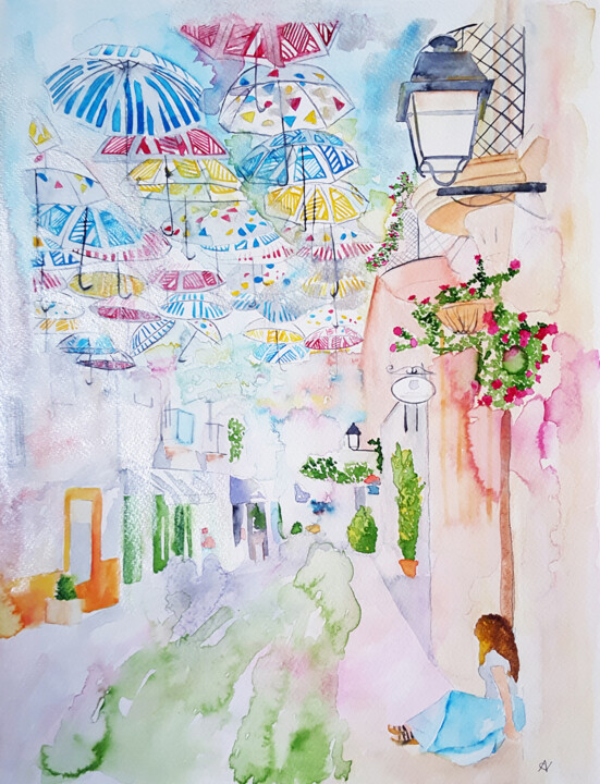 Painting titled "Umbrellas" by Ana Isabel Neto, Original Artwork, Watercolor