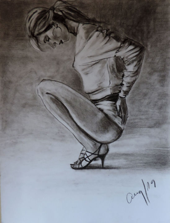 Painting titled "Reflexión" by Ana María Real, Original Artwork, Charcoal