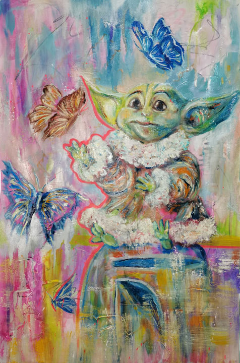 Painting titled "Baby Yoda Magic" by Ana Maria Bubolea, Original Artwork, Oil