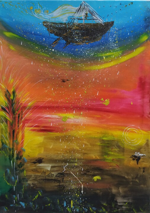 Painting titled "magic sky boat" by Ana Maria Guta, Original Artwork, Acrylic Mounted on Wood Stretcher frame
