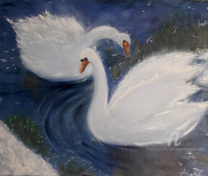 Painting titled "Les cygnes" by Ana Maria Rodriguez (AnaRz), Original Artwork, Oil