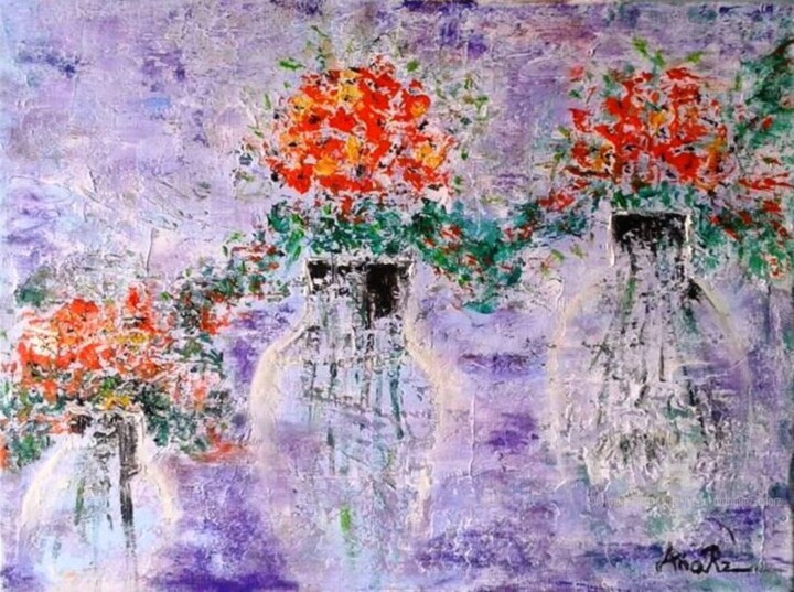Painting titled "Trois vases pour me…" by Ana Maria Rodriguez (AnaRz), Original Artwork, Oil