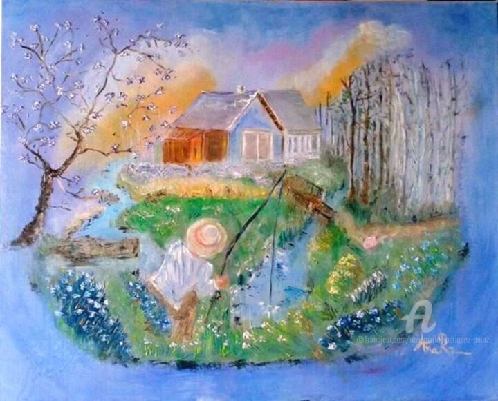 Painting titled "Jour de pêche" by Ana Maria Rodriguez (AnaRz), Original Artwork, Oil